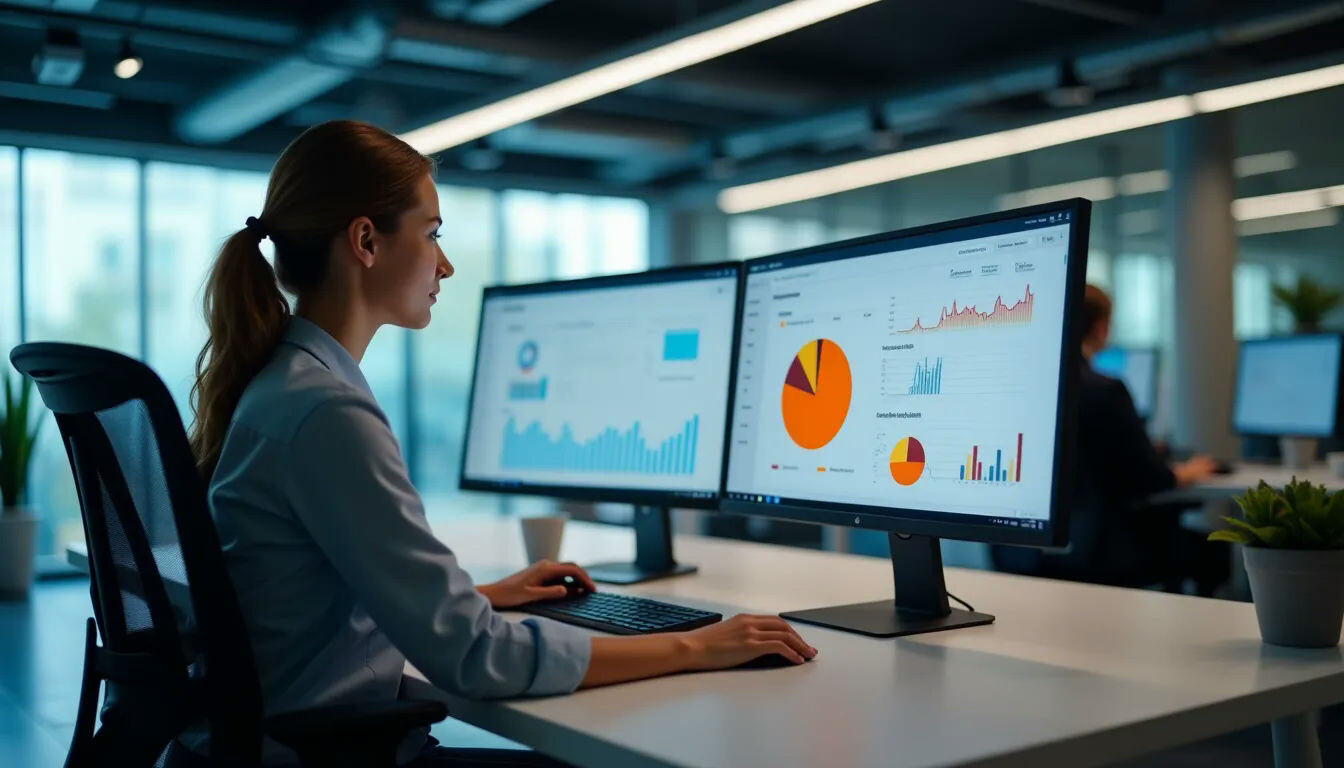 women over looking two computers at desk 